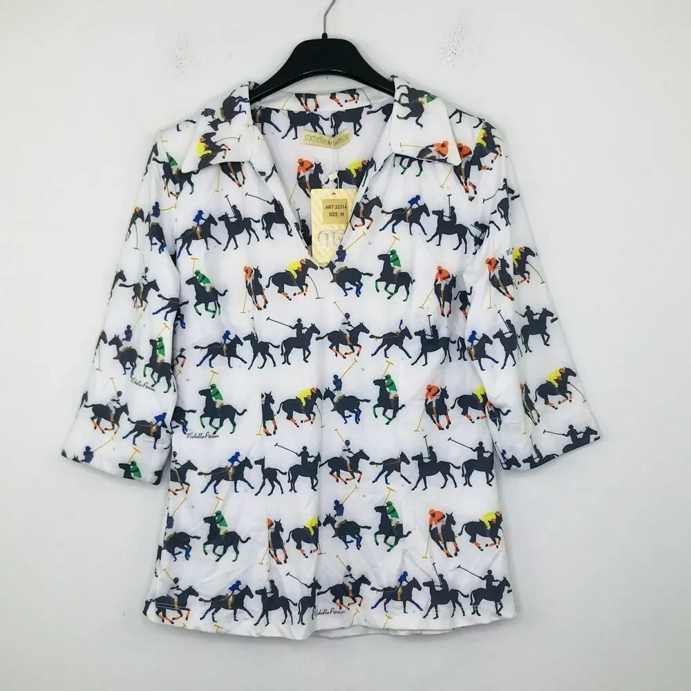 Michelle Parisou M Popover Shirt White Horse Polo Jockey Equestrian NWT CL17